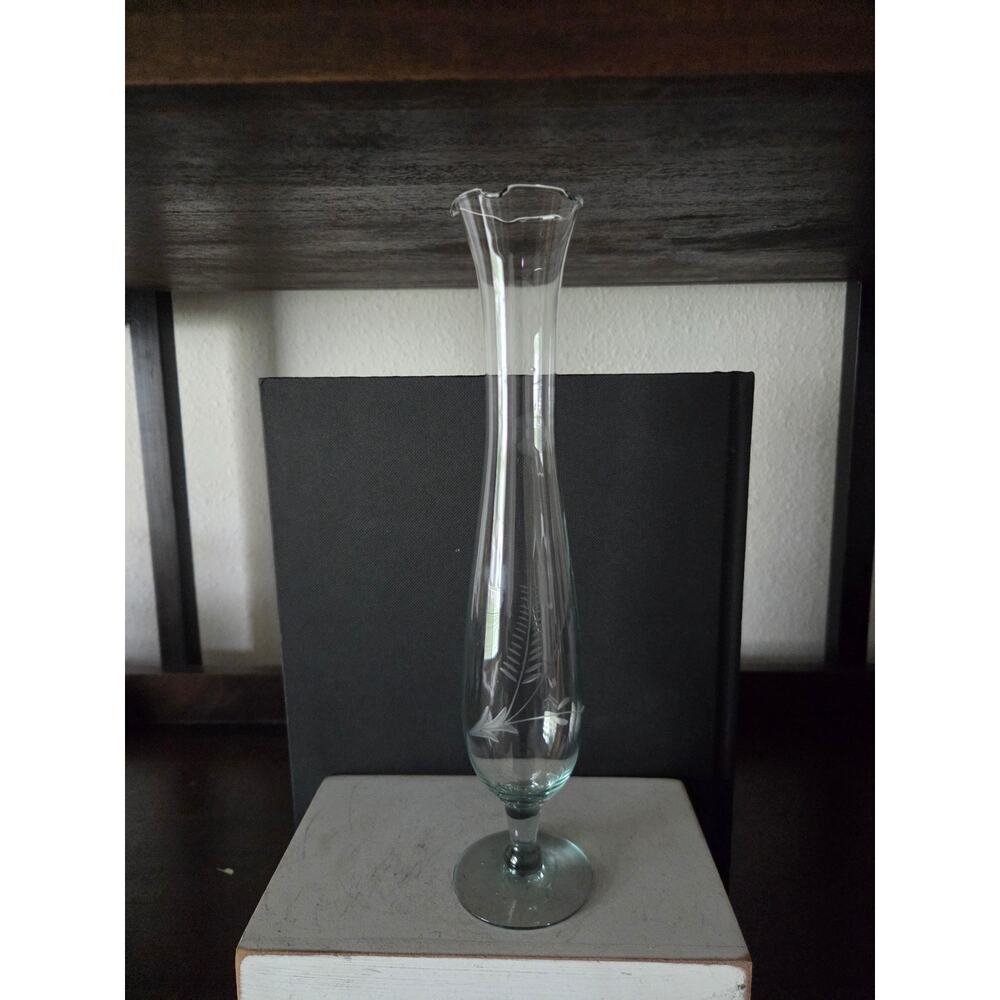 Vintage 1930s Etched Blue-Gray Czech Bohemian Glass Bud Vase 10" Epergne Style